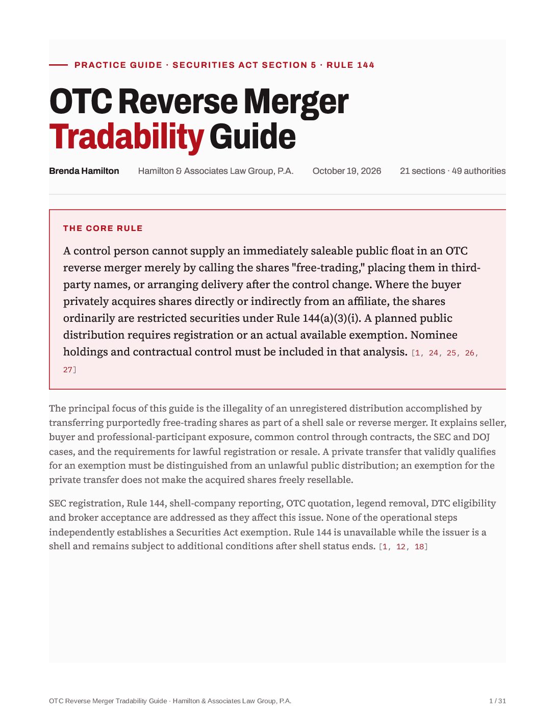 Cover of the OTC Reverse Merger Tradability Guide